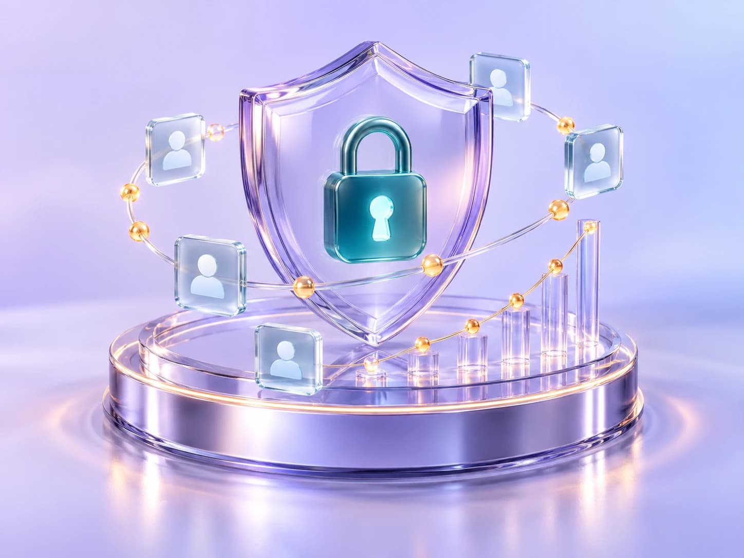 A glass shield and teal lock protecting connected customer profiles and analytics.