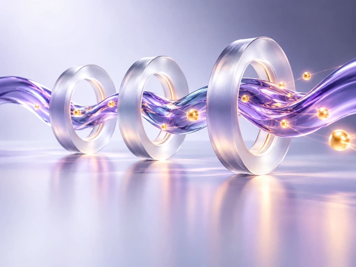 A flowing violet ribbon passing through glass workflow rings, illustrating marketing automation.