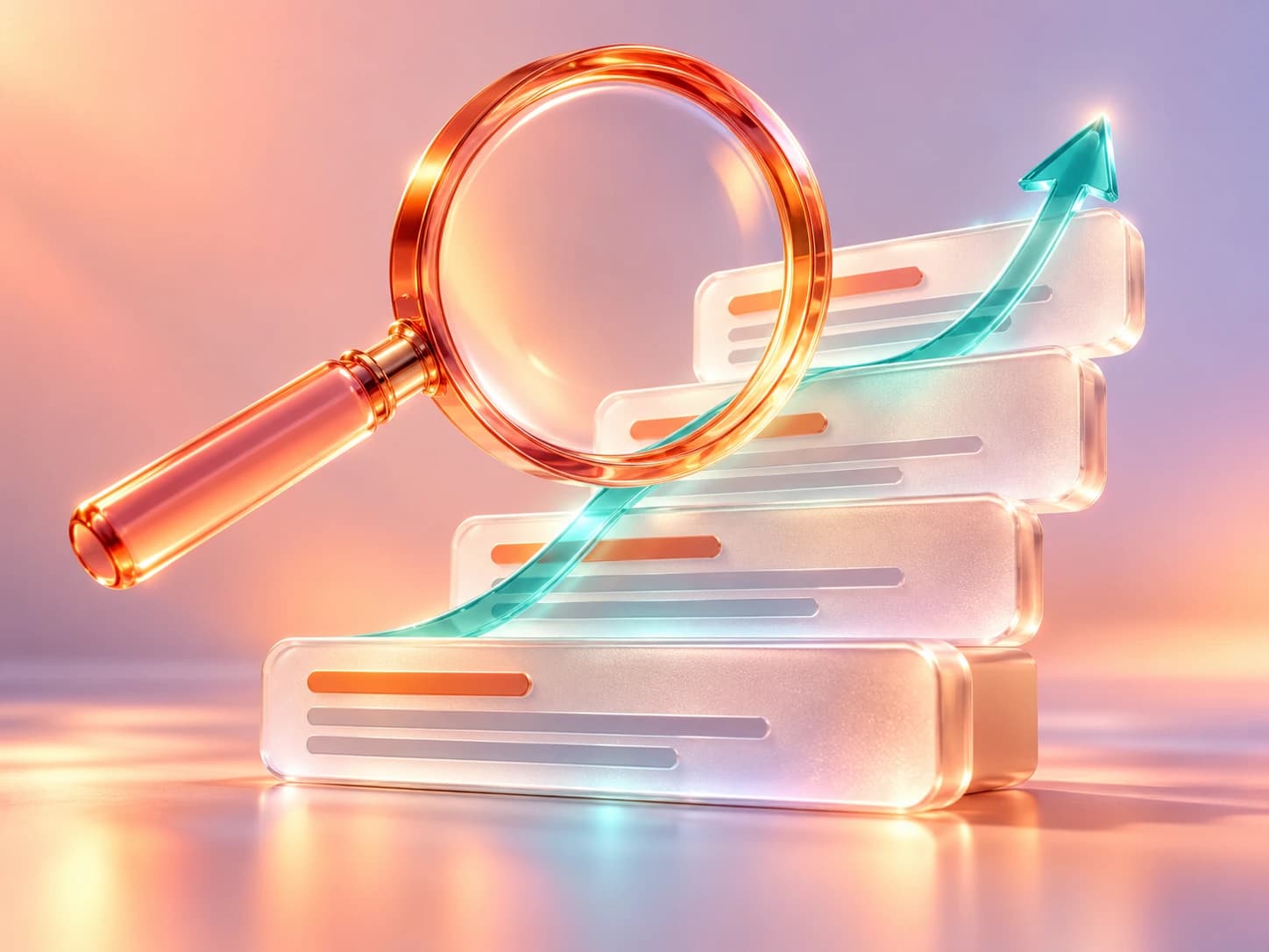 An amber magnifying glass and rising teal trajectory over glass search results, illustrating organic search growth.